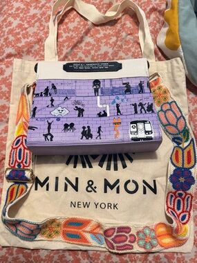 Min & Mon Lavender Illustrated Street-Art Crossbody Bag with Embroidered Strap